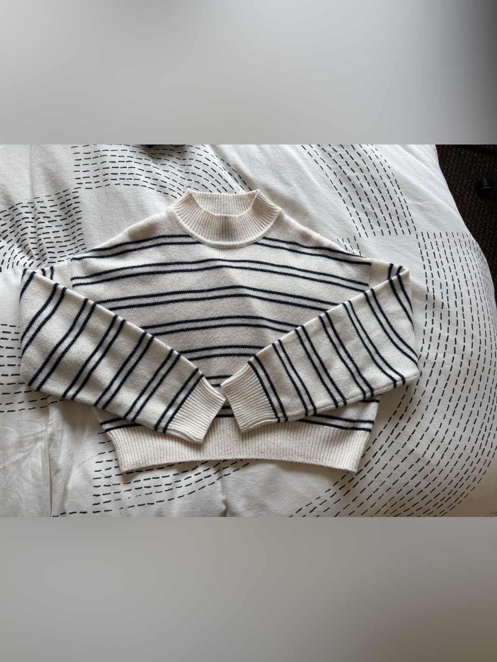 Striped White and Navy Mock Neck Sweater